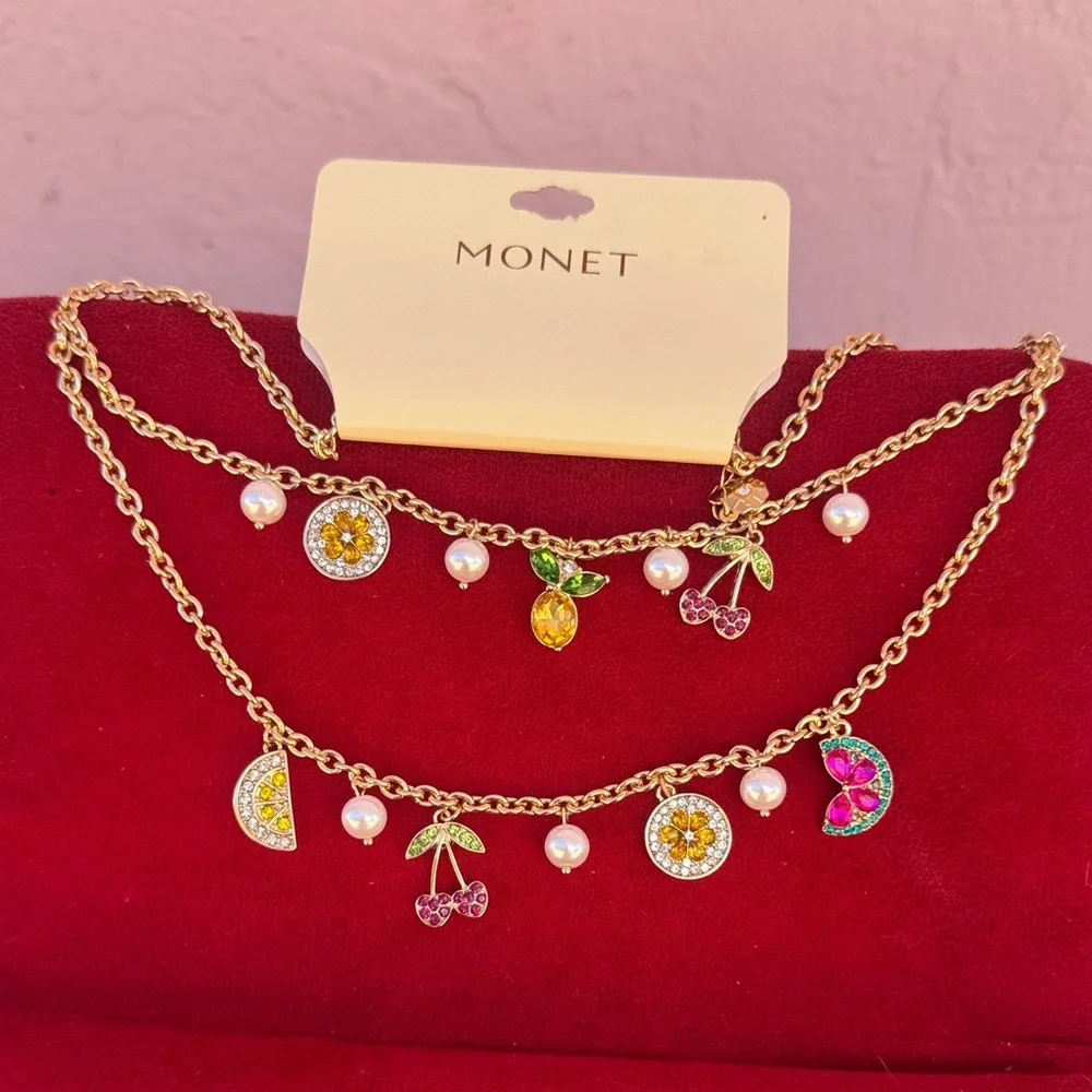 NEW Monet Gold Necklace with Colorful Charms and Pearls
